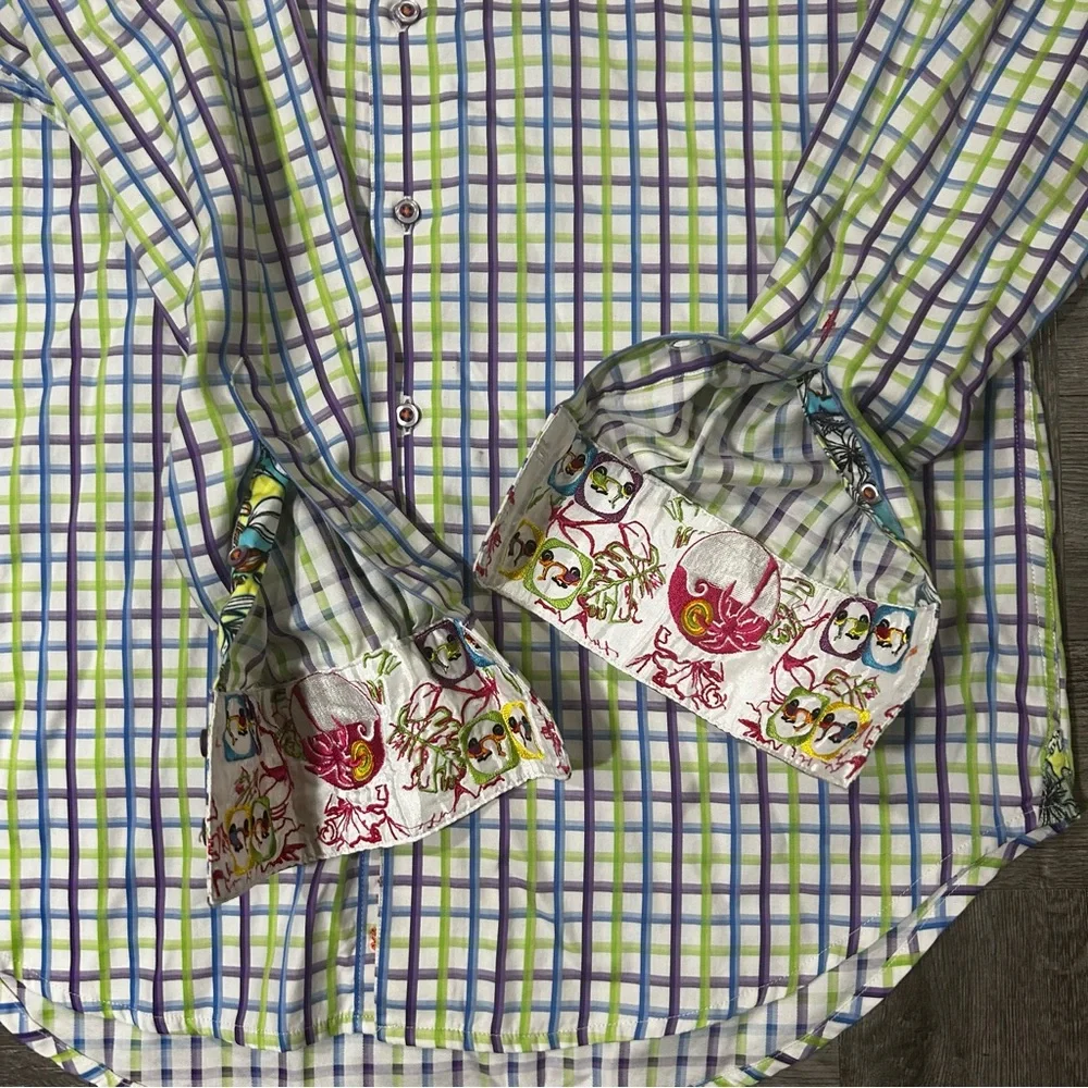 Mens Robert Graham Purple/Green/Blue Plaid Long Sleeve Dress Shirt Size Small - Picture 7 of 11